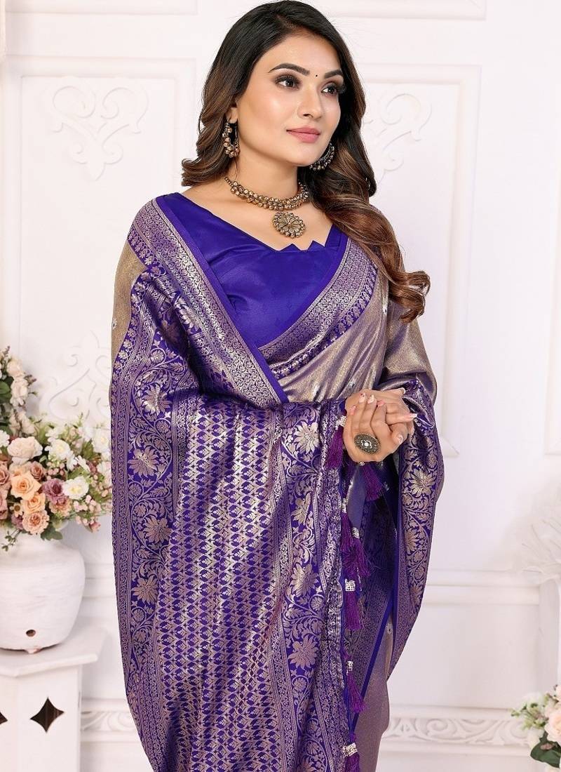 Golden Brown Color Premium Banarasi Tissue Silk Blend Sarees 