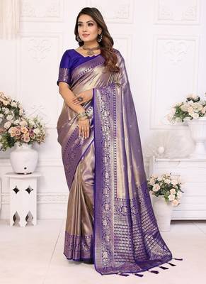 Golden Brown Color Premium Banarasi Tissue Silk Blend Sarees  2