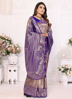 Golden Brown Color Premium Banarasi Tissue Silk Blend Sarees  3