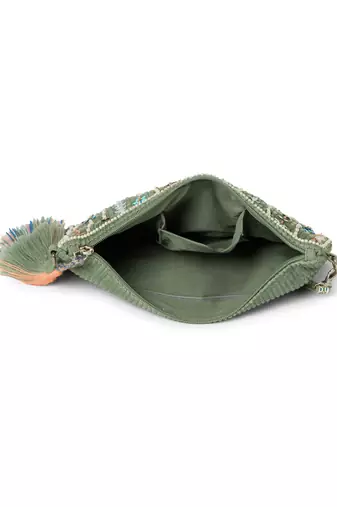 glid sage green & pastel multi corduroy floral sequined sling bag