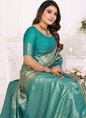 Turquoies Color Premium Banarasi Tissue Silk Blend Sarees  1