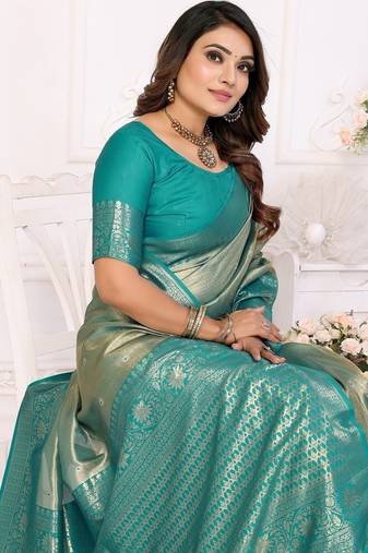 Turquoies Color Premium Banarasi Tissue Silk Blend Sarees 