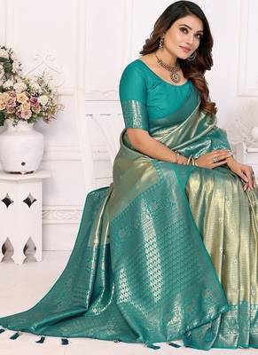 Turquoies Color Premium Banarasi Tissue Silk Blend Sarees  2
