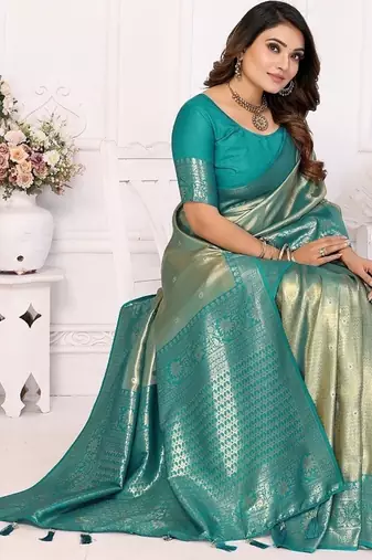 Turquoies Color Premium Banarasi Tissue Silk Blend Sarees 