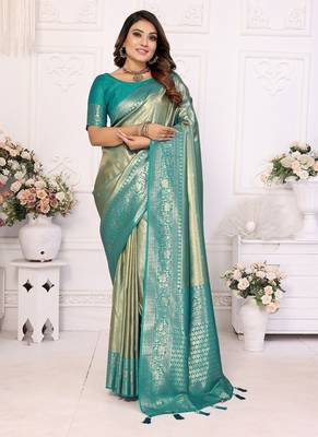 Turquoies Color Premium Banarasi Tissue Silk Blend Sarees  3