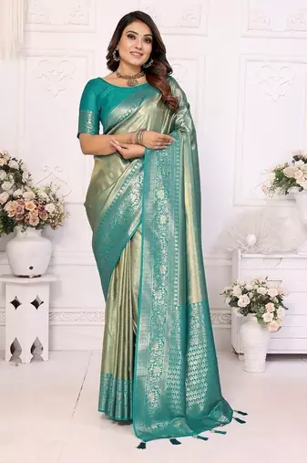 Turquoies Color Premium Banarasi Tissue Silk Blend Sarees 
