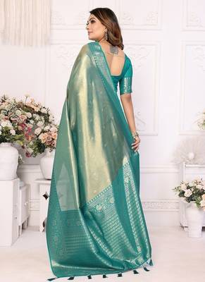 Turquoies Color Premium Banarasi Tissue Silk Blend Sarees  4