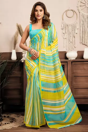 Light aqua blue linen printed stripes one minute saree with pocket casual wear ready to drape