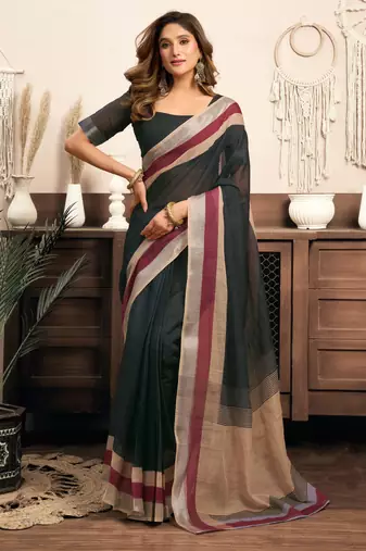 Black linen one-minute saree with contrast stripes border, lightweight drape & pocket feature