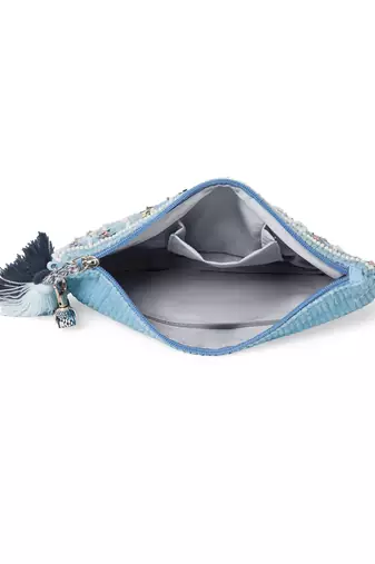 glid powdered blue & pastel multi corduroy floral sequined sling bag