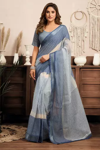 Light blue printed linen one minute saree with stripes print ready to wear saree with blouse