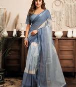 Light blue printed linen one minute saree with stripes print ready to wear saree with blouse