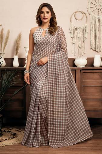 Light brown printed linen geometric ready to wear one minute saree with unstitched blouse
