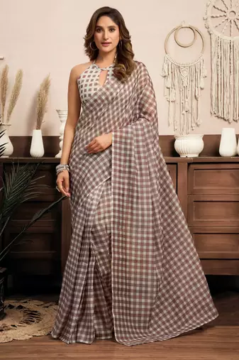 Light brown printed linen geometric ready to wear one minute saree with unstitched blouse