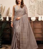 Light brown printed linen geometric ready to wear one minute saree with unstitched blouse