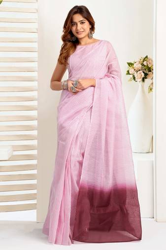 Light pink printed linen stripes one minute saree with blouse casual wear ombre pallu style