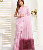 Light pink printed linen stripes one minute saree with blouse casual wear ombre pallu style