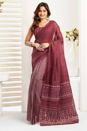 Maroon printed linen stripes design one minute saree with unstitched blouse linen saree