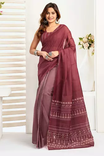 Maroon printed linen stripes design one minute saree with unstitched blouse linen saree