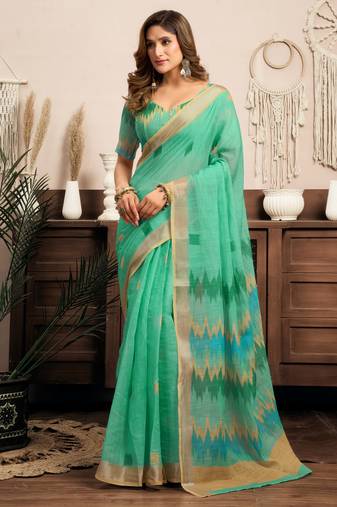 Light green linen printed ikat saree ready to wear with contrast border casual look