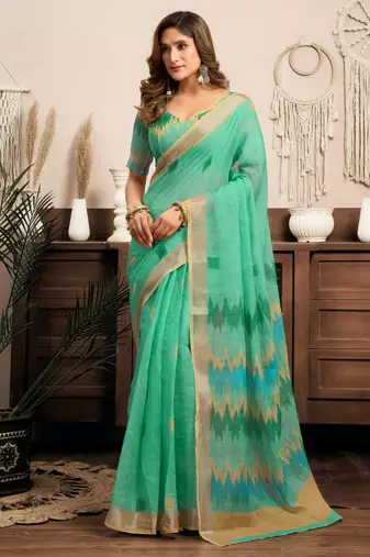 Light green linen printed ikat saree ready to wear with contrast border casual look