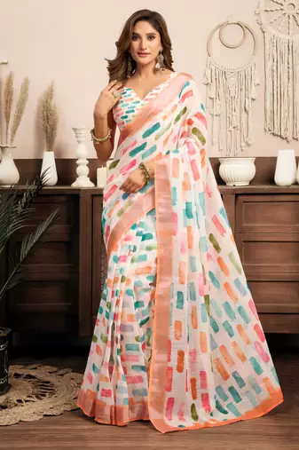 Multicolor printed linen contemporary one minute saree with unstitched blouse