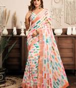 Multicolor printed linen contemporary one minute saree with unstitched blouse