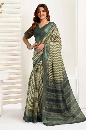 Light olive linen printed one minute saree with geometric print & broad border for casual wear