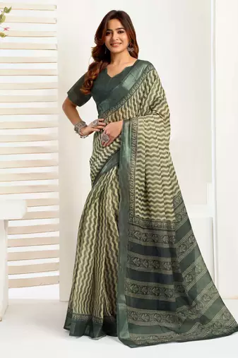 Light olive linen printed one minute saree with geometric print & broad border for casual wear