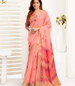 Light peach ikat printed linen one minute saree with contrast border for casual wear