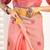 Light peach ikat printed linen one minute saree with contrast border for casual wear