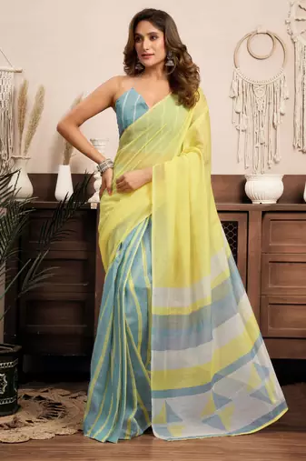 Light yellow linen printed one minute saree with geometric design ready to wear casual saree