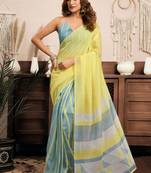 Light yellow linen printed one minute saree with geometric design ready to wear casual saree