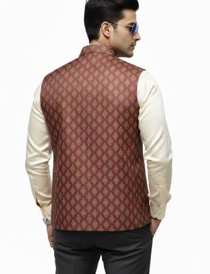 Maroon print dupon art silk nehru jaket 5