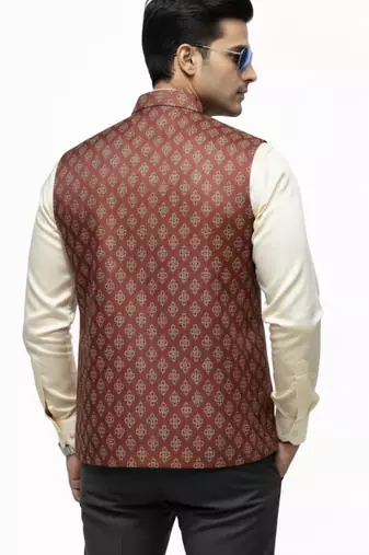 Maroon print dupon art silk nehru jaket
