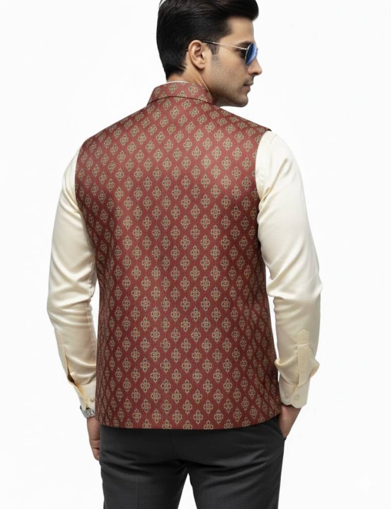 Maroon print dupon art silk nehru jaket