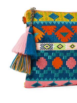 tribal teal blue & multi acrylic jacquard ethnic motifs embroidered sling bag 8