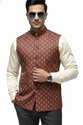 Maroon print dupon art silk nehru jaket