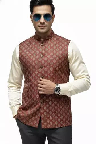 Maroon print dupon art silk nehru jaket