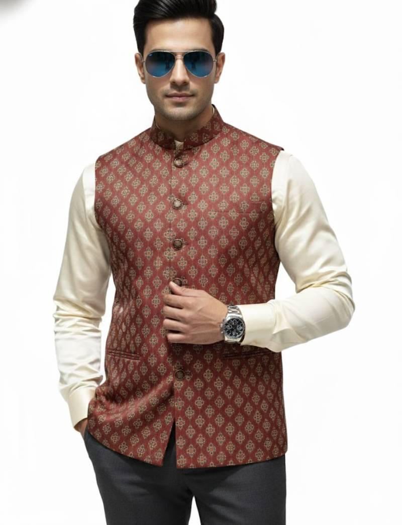 Maroon print dupon art silk nehru jaket