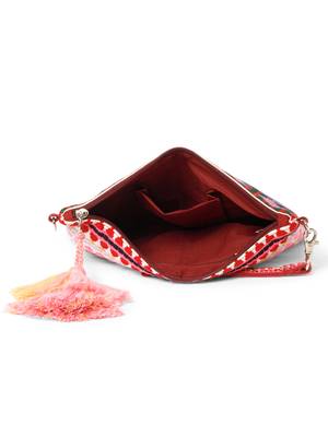 tribal magenta & multi acrylic jacquard ethnic motifs embroidered sling bag 7