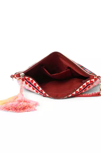 tribal magenta & multi acrylic jacquard ethnic motifs embroidered sling bag