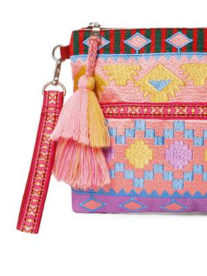 tribal magenta & multi acrylic jacquard ethnic motifs embroidered sling bag 8