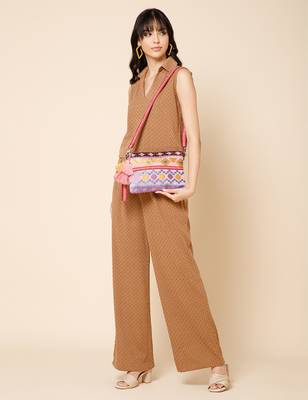 tribal magenta & multi acrylic jacquard ethnic motifs embroidered sling bag 9