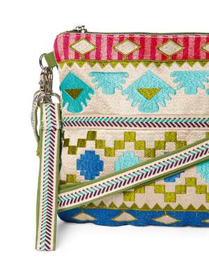 tribal beige gold & multi acrylic jacquard ethnic motifs embroidered sling bag 8