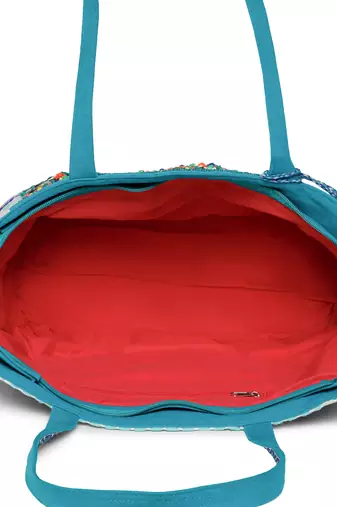 boho teal blue & multi acrylic jacquard trellis embellished tote bag
