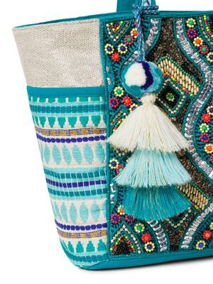 boho teal blue & multi acrylic jacquard trellis embellished tote bag 8