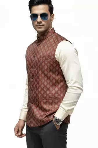 Maroon print dupon art silk nehru jaket