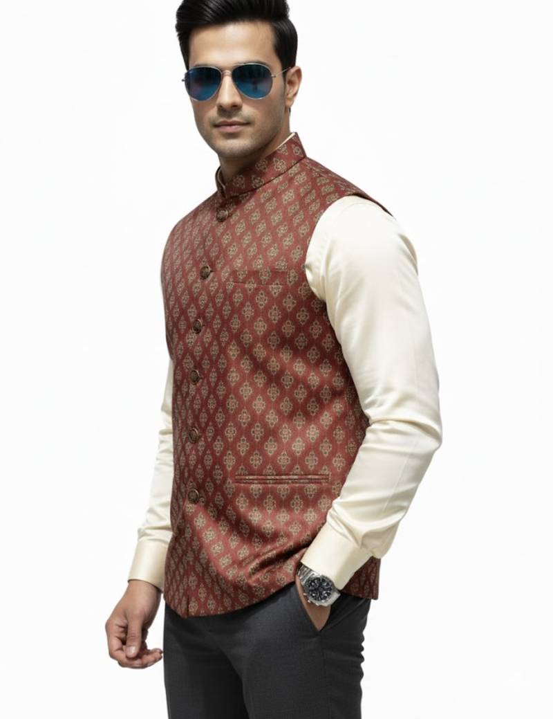 Maroon print dupon art silk nehru jaket