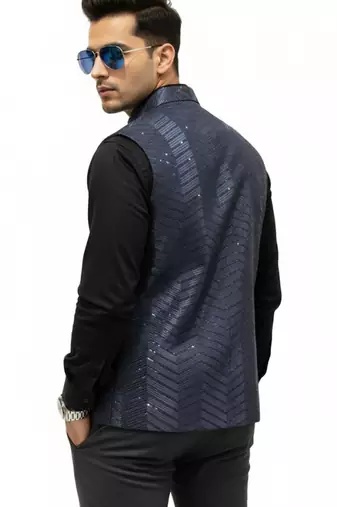 Navy blue sequin embroidery art silk nehru jaket